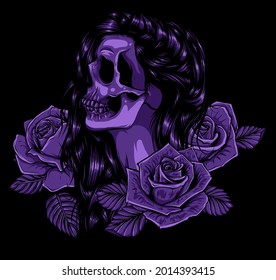 woman skull with roses vector illustration art