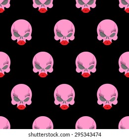 Woman skull seamless pattern. Vector background pink cranium blonde 