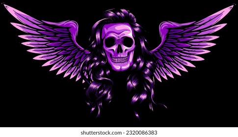 woman skull with wings on black background vector illustration