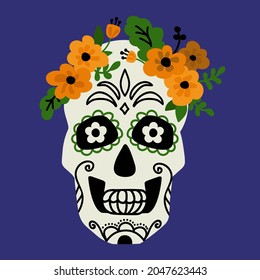 Woman skull with the wreath of flowers. Dia De Los Muertos. Vector illustration.