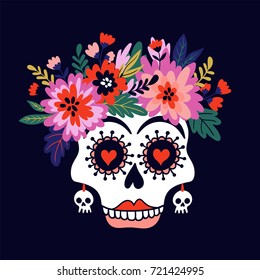 Woman skull with the wreath of flowers. Vector holiday illustration for Day of the dead or Halloween. Funny card design.