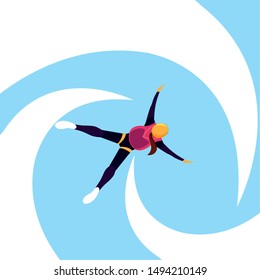 woman skydiver in air with parachute closed