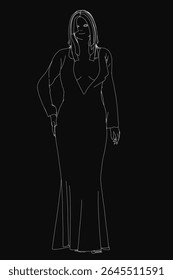 Uma mulher com um vestido preto elegante se posiciona contra um fundo escuro, seu vestido fluente com um decote alto e mangas longas. Seu cabelo é elegantemente puxado em um pão, e sua expressão suave.