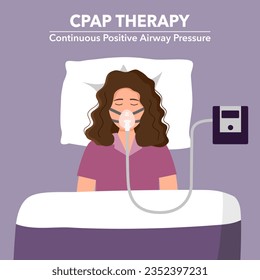 Woman with sleep apnea syndrome wearing cpap machine in flat design.