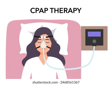 Woman with sleep apnea syndrome wearing cpap machine in flat design.