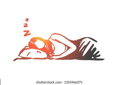 Woman, Sleep, Bad, Healthy, Rest Concept. Hand Drawn Woman Sleep On Bed, Time For Rest Concept Sketch. Isolated Vector Illustration.