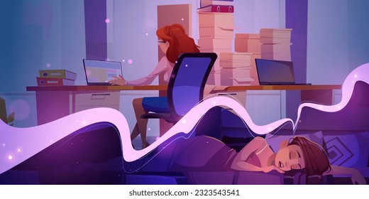 Woman sleep in bed and dream about work. Asleep girl in bedroom and female character at table with laptop and paperwork in office, vector cartoon illustration