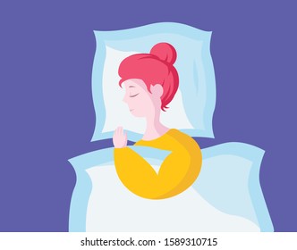 Woman sleep in bed. Flat cartoon style, red hair girl sleep in bed