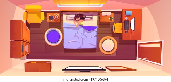 Woman Sleep In Bed At Morning. Bedroom Interior Top View. Vector Cartoon Sleeping Room With Tv And Mirror On Wall, Workspace With Desk And Computer, Bookshelf, Chair, Wardrobe And Nightstands