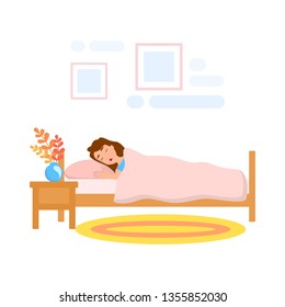 Woman sleep in the bed at night. Person is asleep. Female lying on the pillow under the blanket. Vector illustration in cartoon style