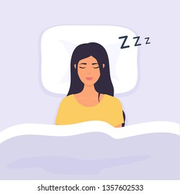 Woman sleep in bed. Person having a dreamful slumber in bed on a pillow with some sleeping sound. 