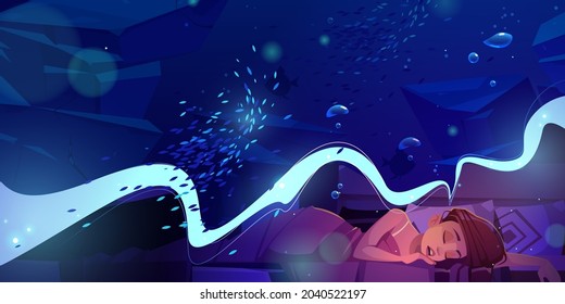 Woman sleep in bed under blanket and see in dreams underwater sea life. Vector cartoon illustrations of girl naps in bedroom at night and ocean under water with school of fish