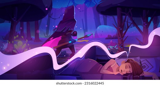 Woman sleep in bedroom and see sweet dream about warrior in magic forest. Young girl rest on pillow and see mystery sky and magician fantasy garden woodland scenery with person cartoon background