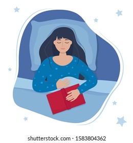Woman sleep with book in bed. Cute vector illustration in the colors of 2020