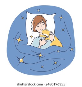 Woman sleep with cat concept. Girl lying with domestic animal. Comfort and coziness indoors. Healthy lifestyle and correct daily routine. Linear flat vector illustration isolated on white background