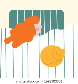 Woman sleep with cat. Person rest in the bed on the pillow late at night. Peaceful dream and relax. Vector illustration in cartoon style