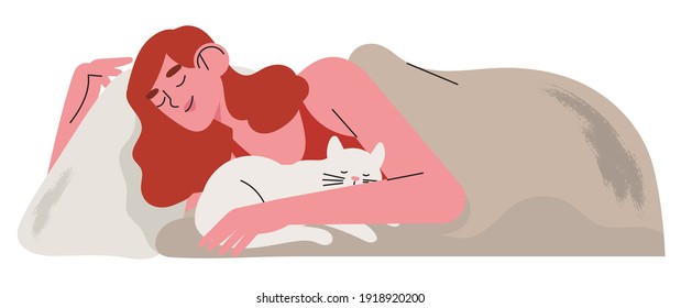 Woman sleep comfortably and relaxed in her bad with her pet cat late at night. Concept of orthopedic or countour memory foam pillow or duvet shop and other accessories for healthy night sleep.