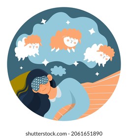 Woman sleep concept. Character lies and counts sheep, comfortable bed, night. Lambs jumping around. Falling asleep techniques. Indoor, daily regime, apartment. Cartoon flat vector illustration