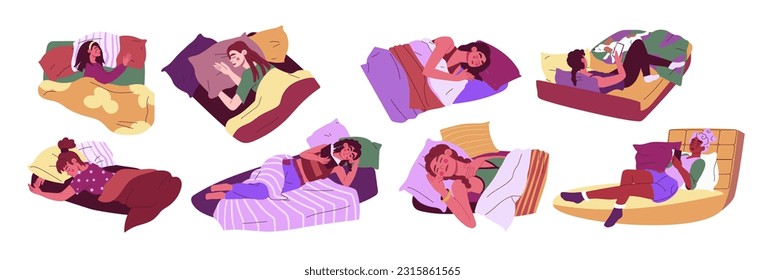 Woman sleep. Exhausted people in bed. Good night dreams. Fatigue girl in relax nap. Persons lying with book and smartphone. Comfortable pillow and blanket. Vector exact illustrations set