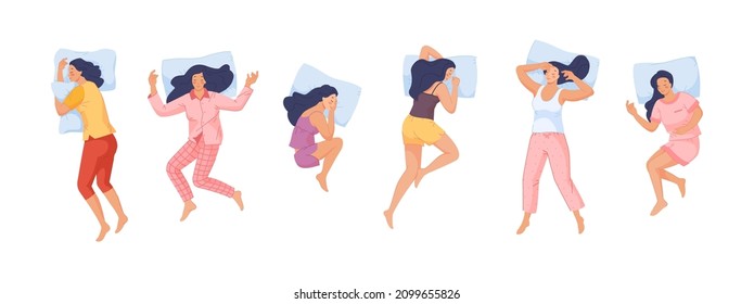 Woman sleep. Female sleeping positions, vector illustration. Set of position female sleep, woman in bed pose relax, dream and relaxation svg
