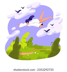 Woman sleep and fly in dream concept. Dreamer in sky, surreal fantastic flight between clouds, sleepers imagination, girl in fantasy world. Flat isolated vector illustration on white background