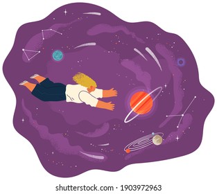 Woman sleep flying in space vector flat with planets and stars cartoon cosmic scene. Female character holding planet with dream universe. The girl flies in space. Abstract style people