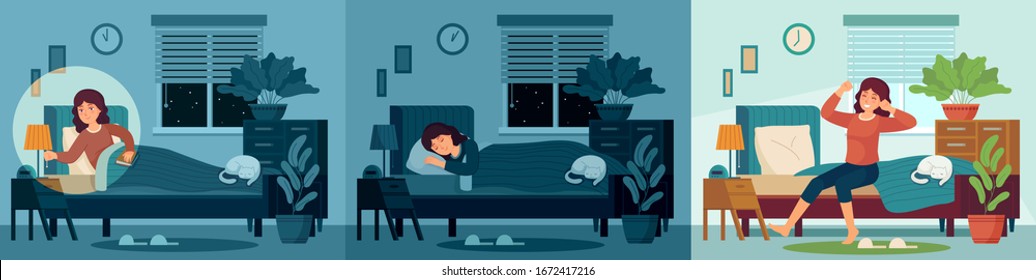 Woman sleep in home bed room. Happy female character sleeping in bed at night and wake up morning. Healthy sleep vector illustration. Female morning in bedroom, sleep and stretching