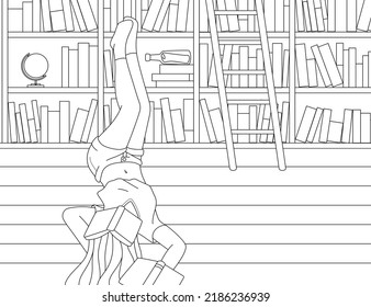 woman sleep in the library black and white coloring book outline vector illustration