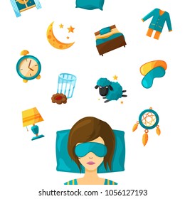 Woman sleep in mask and elements set for dream. Vector illustration