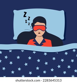 Woman sleep with mask on face and zzz sound. Sleeping at night in bed at home or in hotel. Good night, rest relax top view concept. Flat design cartoon vector character illustration. View from above.