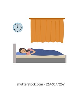 Woman sleep on bed. Bedroom with clock and curtain. Healthy sleep better life. Vector illustration.
