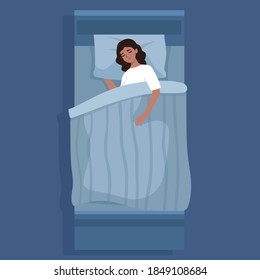 woman sleep on her bed at night. Top view flat vector illustration with pillow and blanket on her side