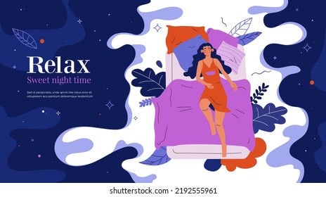 Woman sleep on mattress. Young girl in relax position, sweet night time, comfort and healthy advert layout. Landing page template. Cartoon flat concept. Vector isolated illustration