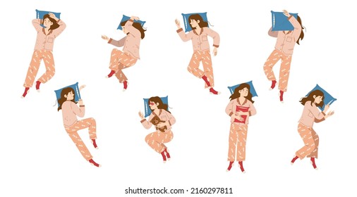 Woman sleep on pillow in different poses top view. Vector illustration of various positions for night relax with sleeper girl in pyjama and mask lying on side, back and stomach