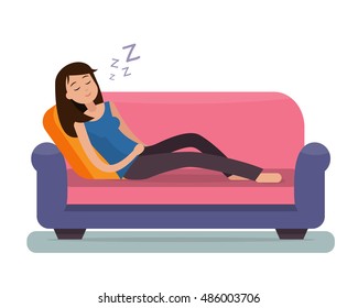 Woman sleep on sofa. Flat style vector illustration.