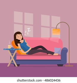 Woman Sleep On Sofa In Room. Dreaming Girl. Flat Style Vector Illustration.