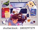 Woman sleep on workplace top view, tired girl lying on messy office desk with rubbish, spilled coffee and documents near computer. Working burnout, student prepare to exam, Cartoon vector illustration