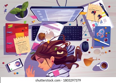 Woman sleep on workplace top view, tired girl lying on messy office desk with rubbish, spilled coffee and documents near computer. Working burnout, student prepare to exam, Cartoon vector illustration