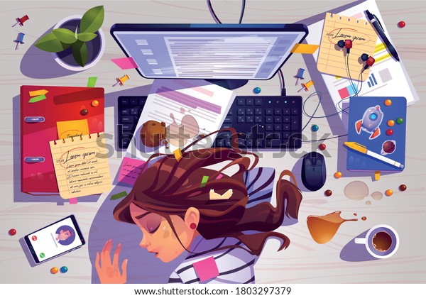 Woman sleep on workplace top view, tired\
girl lying on messy office desk with rubbish, spilled coffee and\
documents near computer. Working burnout, student prepare to exam,\
Cartoon vector\
illustration