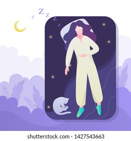 Woman sleep. Person rest in the bed on the pillow late at night. Peaceful dream and relax. Vector illustration in cartoon style