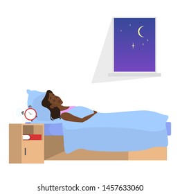 Woman sleep. Person rest in the bed on the pillow late at night. Peaceful dream and relax. Vector illustration in cartoon style