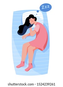 Woman sleep. Person rest in the bed on the pillow late at night. Peaceful dream and relax. Vector illustration in cartoon style