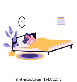 Woman sleep. Person rest in the bed on the pillow late at night. Peaceful dream and relax. Vector illustration in cartoon style