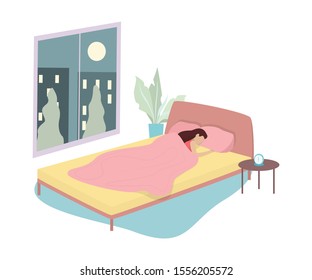 Woman sleep. Person rest in the bed on the pillow late at night. Peaceful dream and relax. Vector illustration in cartoon style
