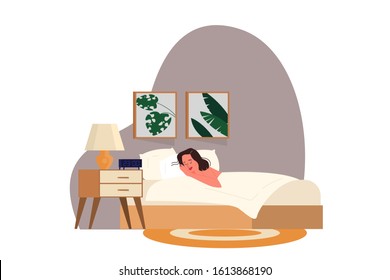 Woman sleep. Person rest in the bed on the pillow late at night. Peaceful dream and relax. Vector illustration in cartoon style