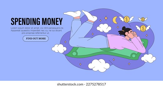 Woman sleep and see dreams about her being rich and wealthy and earn a lot of money. Budget planning, money managment and savings tips concept for web banner, mobile app, advertisement or article.