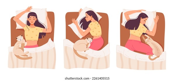 Woman sleep. A set of vector illustrations with a sleeping woman in different poses and her pet. Relaxing in the bedroom.
