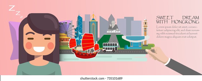 Woman sleep . Sweet dream with Hongkong travel concept.China infographic
