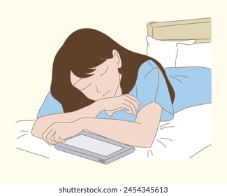 Woman sleeping after using tablet device. Tired girl lying on bed, taking a nap. Social media addicted girl holding smartphone.  Gadget addiction. Hand drawn flat cartoon character vector illustration