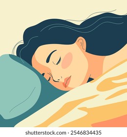 Mujer durmiendo en la cama. Ilustración vectorial plana de dibujos animados. Sueño saludable, descansa. Relajación, concepto de calma, cuidado personal